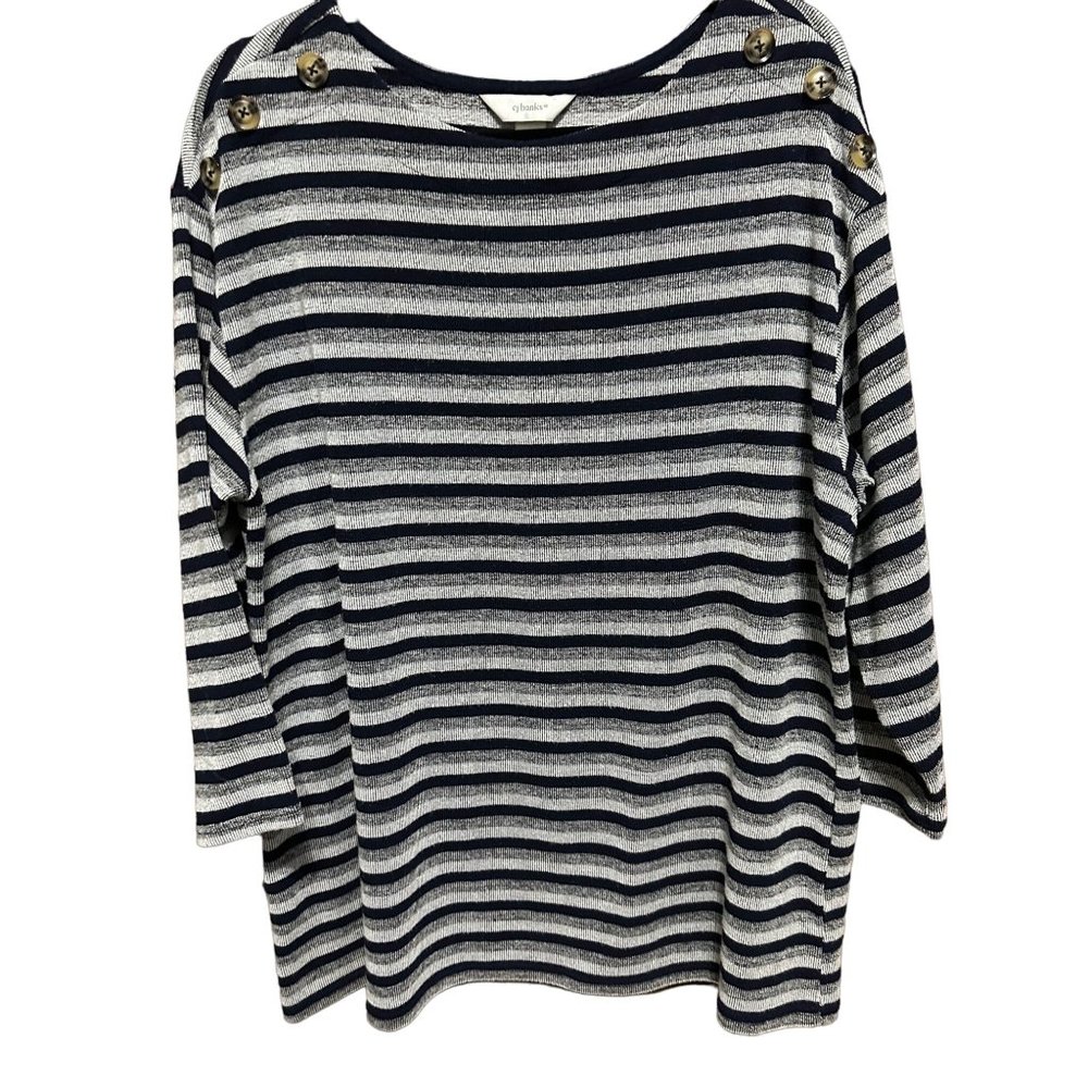 C J Banks size 1X blue striped soft button accents pullover top